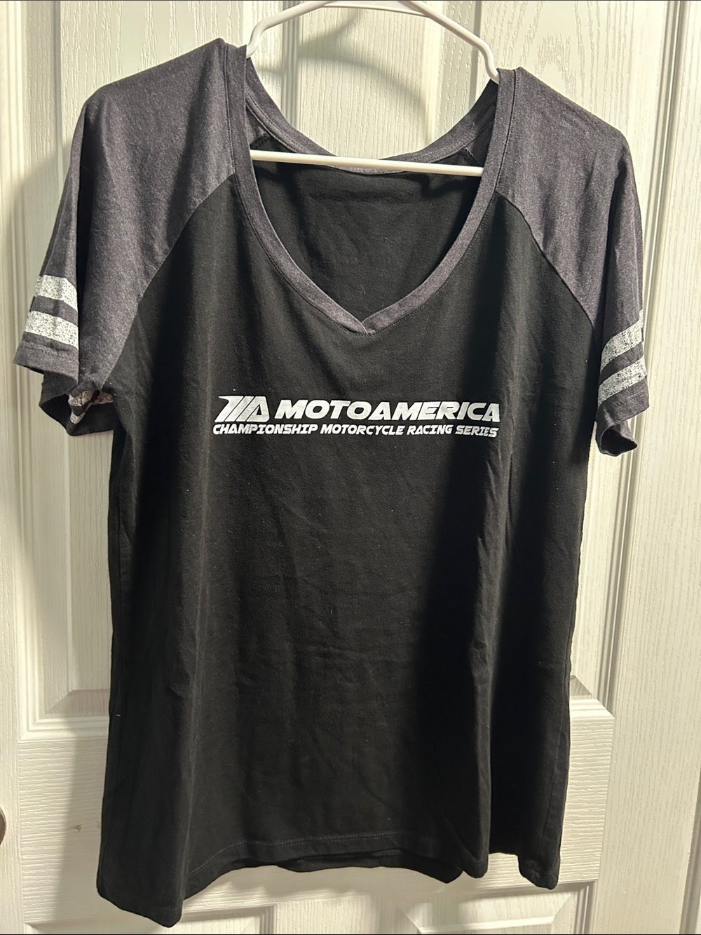MotoAmerica Women’s Short Sleeve V-Neck Tee in Black and Charcoal